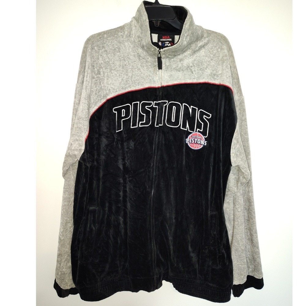 Vintage Detroit Pistons NBA Link Velour Track Jacket Grey Black Mens 2XL Zip Up